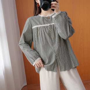 秋季韩版通勤宽松甜美蕾丝，领格子棉麻长袖，衬衫娃娃衫上衣开衫薄款