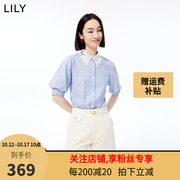 lily2023夏女装(夏女装，)别致蕾丝领复古条纹，灯笼袖显瘦宽松五分袖衬衫