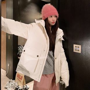 白色短款羽绒棉服女2023冬季韩版棉衣连帽小个子宽松加厚外套