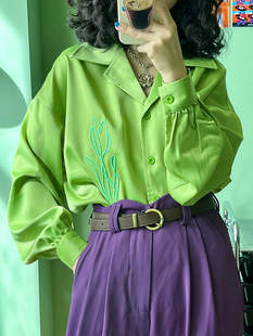 半童Bantong 原创设计复古郁金香刺绣牛油果绿草绿色衬衫