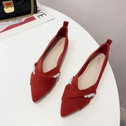 春秋季2023时尚瓢鞋水钻珍珠，布面尖头浅口平跟平底女单鞋红色