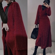 大码女装针织毛毛连衣裙厚实深红色，长外套闪喇叭，袖大气秋冬2090