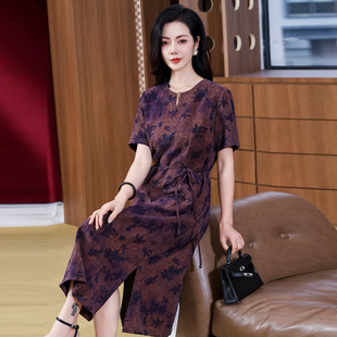 重磅真丝香云纱连衣裙女春夏新款显瘦气质妈妈装V领扎染桑蚕丝裙