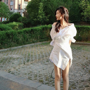 白色一字肩衬衫连衣裙女夏季法式高级感小众设计感气质御姐风裙子