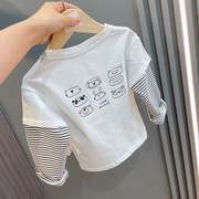 纯棉儿童假两件长袖T恤小童秋装男童女童宝宝白色上衣打底衫
