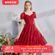 艾丽丝红色中长款连衣裙，女2024新年夏季刺绣蕾丝仙女公主裙子
