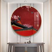 新中式入户玄关装饰画中国风花鸟茶室，挂画走廊过道，正对门圆形壁画