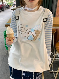 beniiiy原创设计圆领甜美百搭蓝白条纹水色插肩长袖t恤冰淇淋小兔