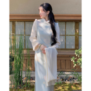 新中式国风麂皮绒改良旗袍女秋冬修身显瘦复古印花长裙两件套套装