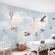 北欧壁纸卡通热气球飞机航天壁画墙纸男孩卧室儿童房壁布