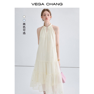 VEGA CHANG挂脖连衣裙女2024年夏季显瘦气质法式无袖蛋糕长裙