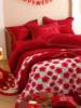 简约新婚庆(新婚庆)床，品红色四件套100s纯棉，立体花朵刺绣结婚被套床单床笠