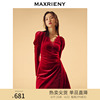 maxrieny红色礼服丝绒，连衣裙冬款v领复古短裙子