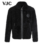 VJC/威杰思2023秋冬男装黑色羊羔毛立领夹克加绒加厚短款外套