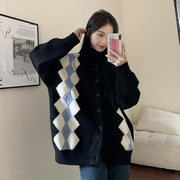 2022秋冬大码女装韩版宽松慵懒风，设计感菱格针织，毛衣开衫外套