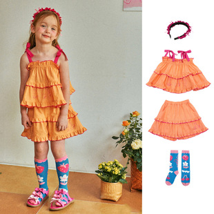 2024夏季BE韩版 女童可爱橘色樱桃刺绣吊带娃娃衫裙裤套装