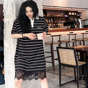 白色翻领条纹T恤连衣裙女拼接花边中长裙2025年夏季新款时尚热销