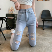 浅灰色牛仔裤女春夏季薄款2024年高腰小个子，紧身破洞小脚裤子