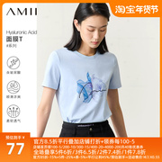 amii2023夏圆领(夏圆领)花朵印花字母绣花黑科技玻尿酸面膜t恤女短袖