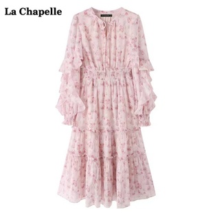 拉夏贝尔/La Chapelle粉色碎花裙长裙春季灯笼袖雪纺连衣裙