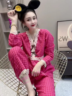 韩版格子家居服套装女士秋季甜美蕾丝，花边v领长袖睡衣长裤两件套