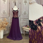 l码0130紫色，复古vintage双肩蕾丝礼服裙