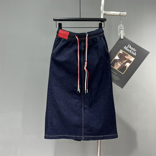韩版女装修身显瘦深蓝色包臀一步长裙夏装红色pu拼接牛仔半身裙潮