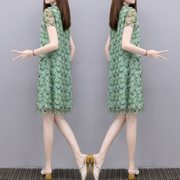 2024夏季清新绿色印花裙中长款宽松显瘦雪纺网纱减龄连衣裙女
