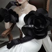 长款花朵手套手工立体花朵，黑色婚纱礼服造型影楼，拍照演出年会手袖
