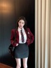 韩系学院风制服套装酒红色西装外套衬衣女秋季高腰包臀短裙两件套