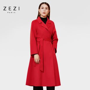 zezi羊毛大衣女双面呢大衣秋冬系带长款风衣外套红色通勤气质毛呢
