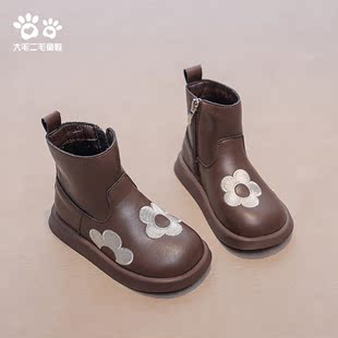 女童短靴2023秋冬季洋气儿童公主靴子，真皮中小童宝宝棉靴加绒