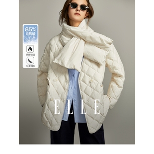 ELLE90白鸭绒米白色中长款羽绒服女2023冬装设计感保暖外套