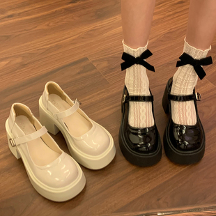 黑色小皮鞋女夏2024法式复古英伦厚底粗跟日系jk法式玛丽珍高跟鞋