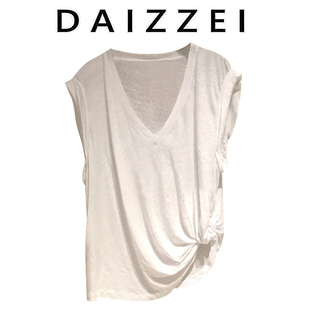 daizzei~22夏下摆(夏下摆)打结v领白色修身上衣不规则褶皱薄无袖t恤背心女
