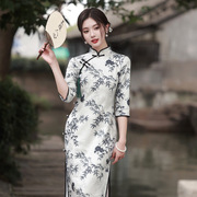 2024水墨旗袍春装，女中式麂皮绒印花端优雅气质显瘦日常旗袍裙