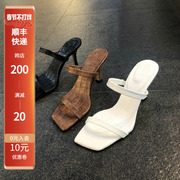 韩国女鞋21夏新ins欧美范气质(范气质)蛇纹方头细带露趾一字高跟凉拖