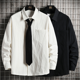 春秋季韩版长袖衬衫男士大码潮流，白色上衣服薄款外套学生领带衬衣