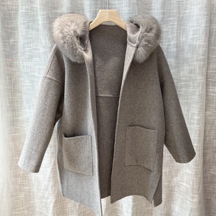 灰色大毛领双面羊绒，大衣2021冬季韩版系带狐狸，毛羊毛呢外套女