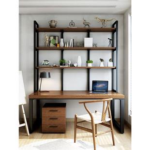 电脑桌工业风实木书桌书架组合家用台式写字桌卧室办公桌书柜一体