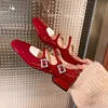 红色单鞋女2024春秋浅口方头婚鞋中粗跟漆皮，法式复古玛丽珍鞋