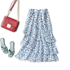 春天的浪漫气息蓝色豹纹，a字中长裙不规则雪纺半身裙