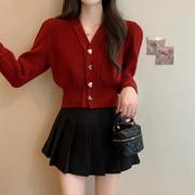 大红色v领泡泡袖针织开衫，女秋冬短款修身潮汕毛衣外套小个子上衣