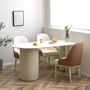 2023法式奶油风半圆岛台岩板餐桌靠墙简约餐桌椅组合白色饭桌