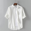 棉麻衬衫男夏季薄款7七分袖立领白色，寸衫2021中国风亚麻短袖衬衣