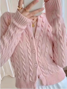 Brandy Girl美式复古bm针织少女粉色麻花开衫甜美单排扣毛衣外套