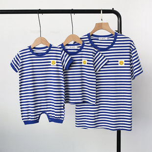 韩国亲子装夏装条纹短袖t恤海军风，一家三口四口纯棉婴儿全家装潮
