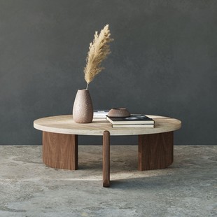 诧寂风天然洞石圆形，茶几客厅沙发现代设计师，胡桃木大理石小圆桌