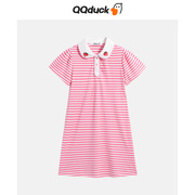QQduck可可鸭女童连衣裙洋气时髦可爱POLO裙儿童粉色条纹T恤裙夏