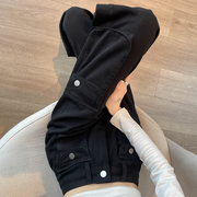 黑色牛仔工装裤女2024秋季美式设计感高腰垂感直筒阔腿拖地裤